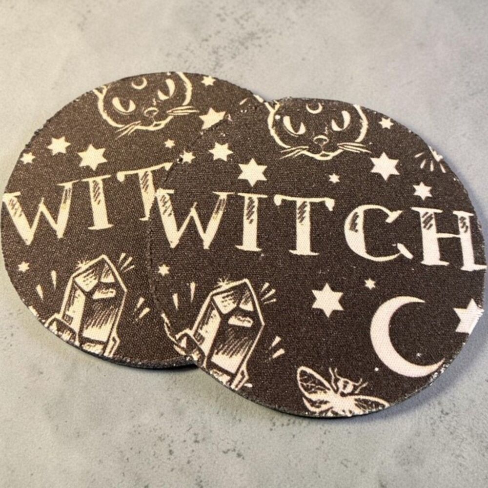 Witchy Neoprene Car Coasters | Celestial Cat & Crystal Auto Decor Set